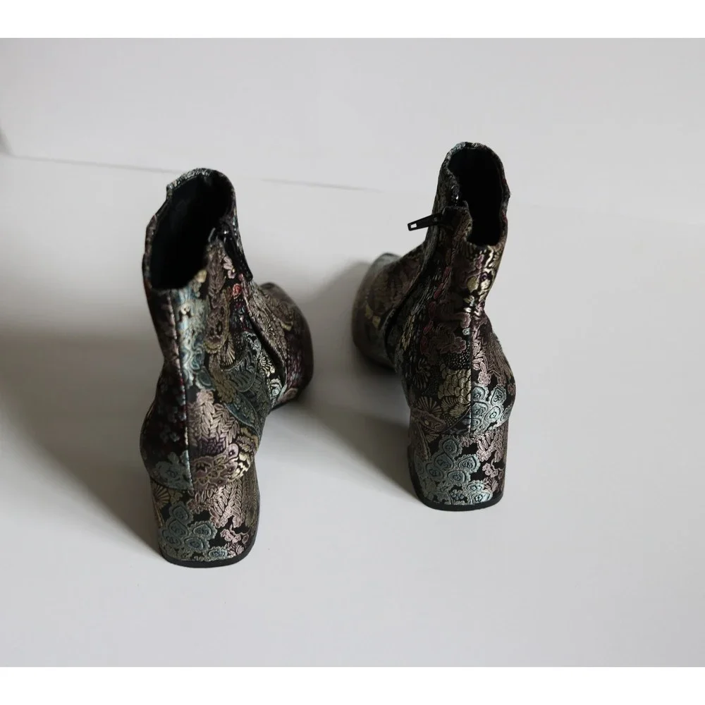 Alex Marie Jacquard Floral Black Multicolor Ankle Bootie Zip Pointed Toe Sz 7.5M